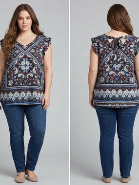 Cato Boho Paisley Print Blouse Size 18/20 W (2X) Tie Back Flutter Sleeve Blue Re